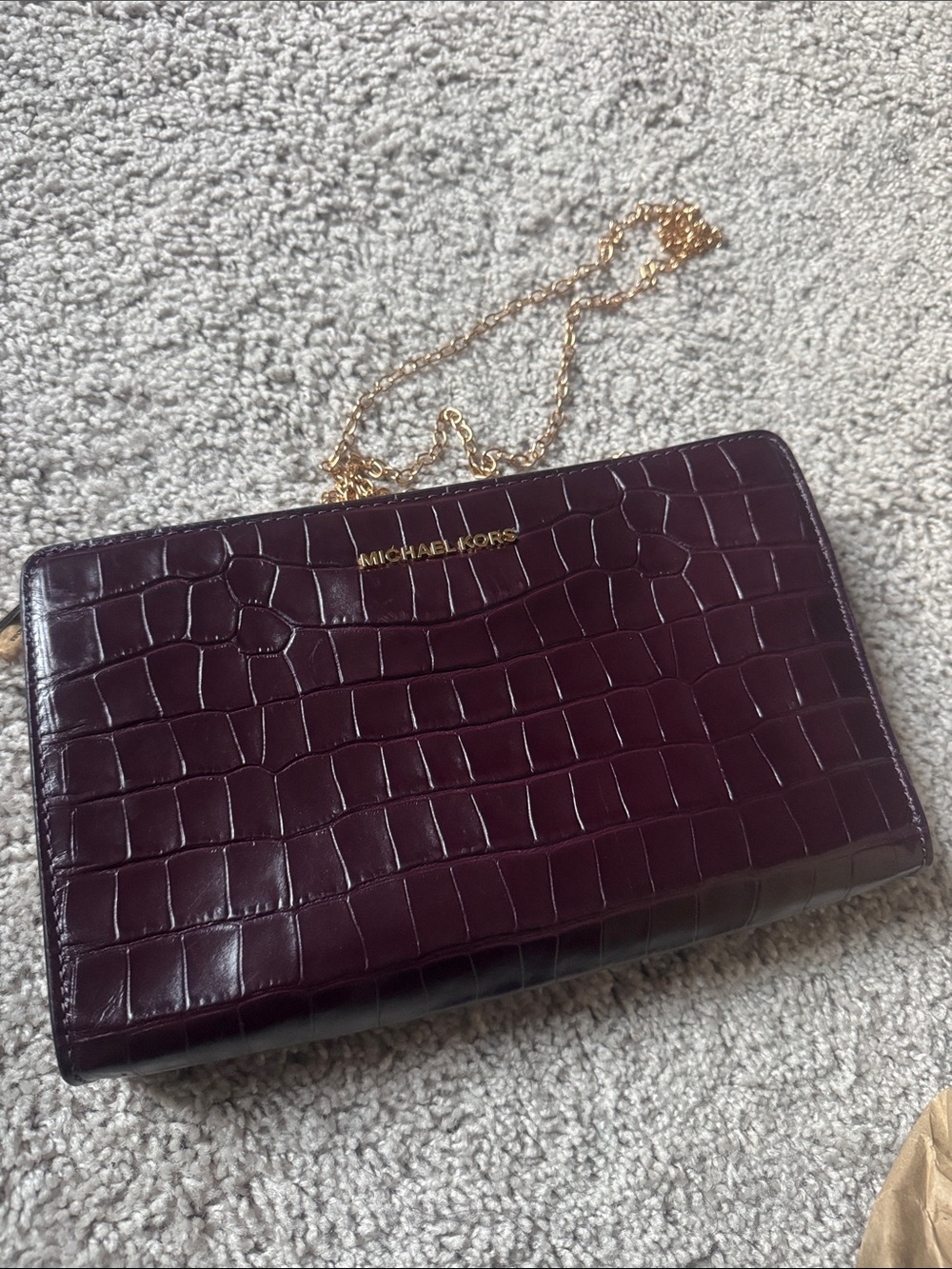 Michael Kors Croc-Embossed Chain Clutch in Plum with Gold Hardware